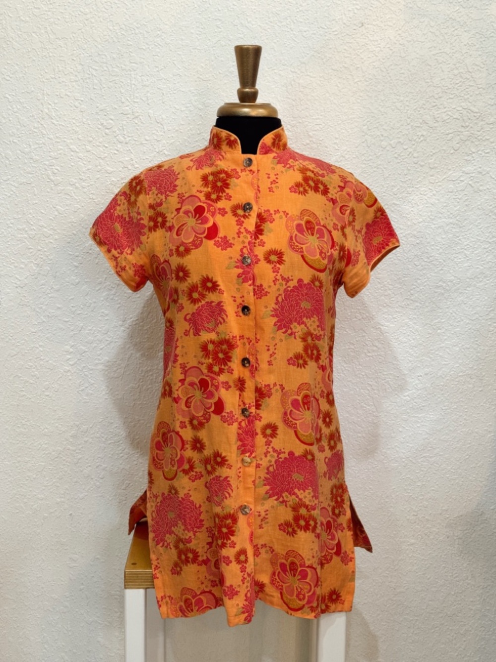Vintage Orange & Pink Floral Button-Front Linen Tunic